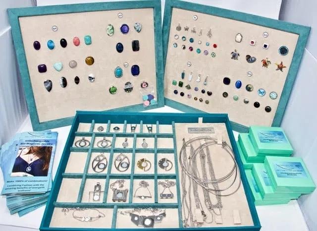 Magnetude Jewelry display case showing modular magnetic jewelry combinations
